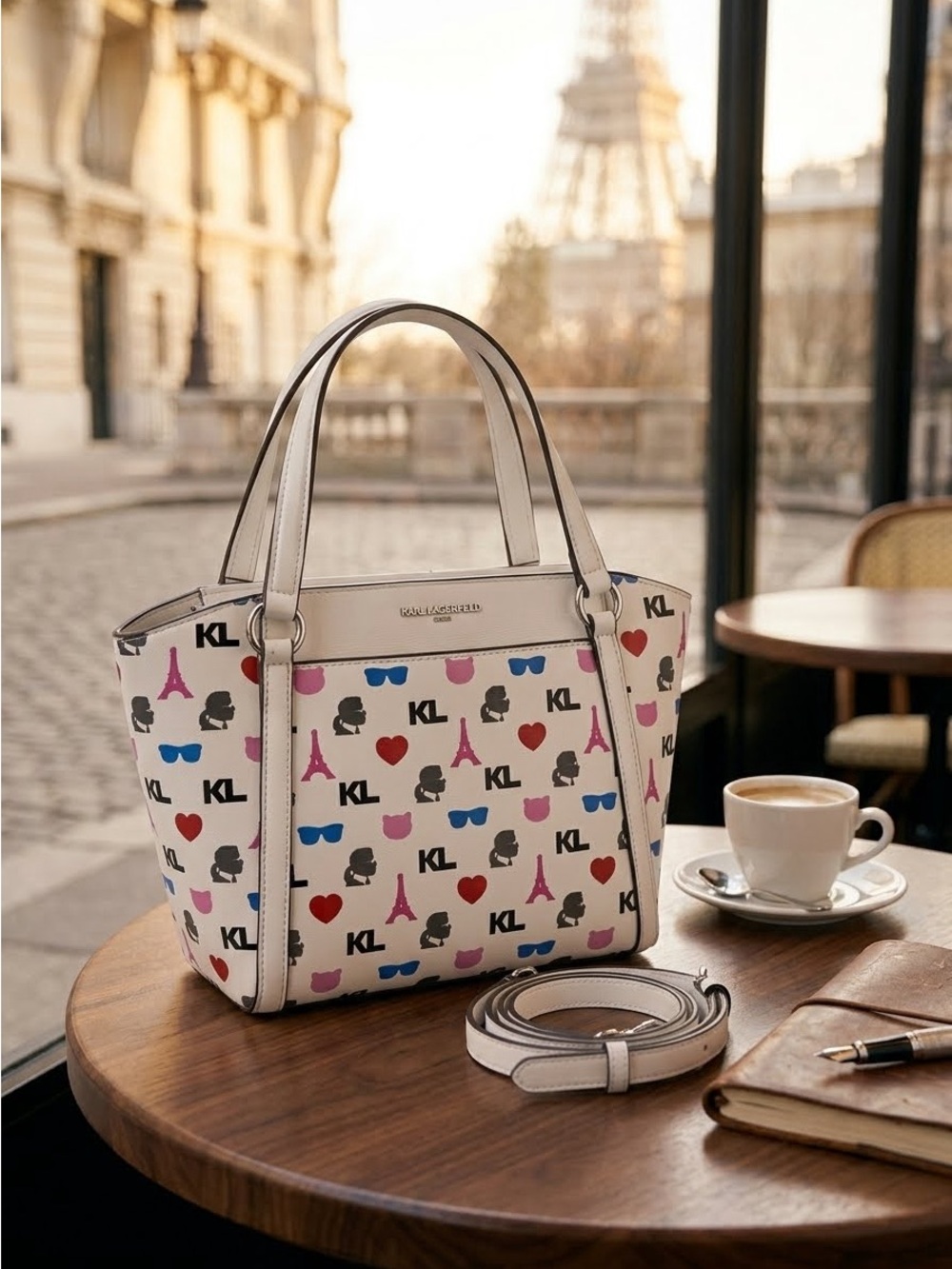 Karl Lagerfeld White Crossbody Tote with Multicolor Icons